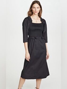SEA New York Tabitha Smocked Cotton Poplin Puff Sleeve Midi Dress